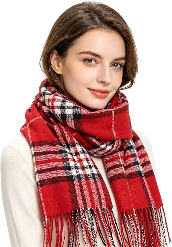 MBSIVSA Cuadros Bufanda Mujer Invierno, Suave Pañuelos con Flecos — Ropa Navidad