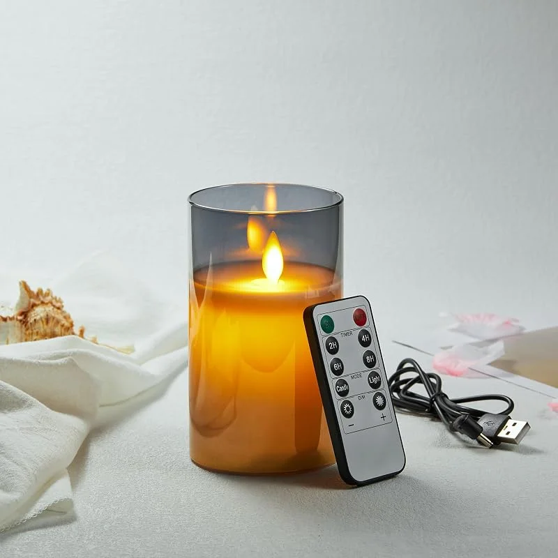 Koelaa Velas LED Recargables USB con Control Remoto - Velas de Vidrio Realistas con Efecto Llama Parpadeante - Decoración para Hogar, Mesa, Boda, Navidad, Restaurante, Centro de Mesa - 7.5 x 15 cm — Cena a la luz de velas