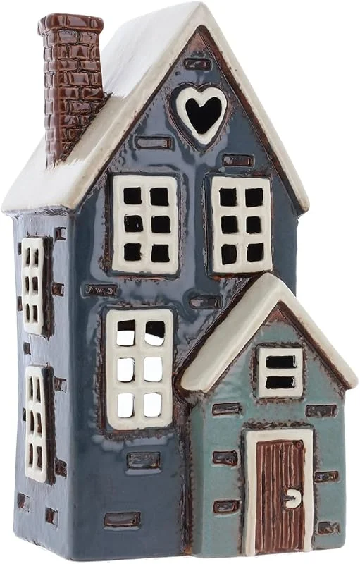 Shudehill Giftware Portavelas de cerámica Village Pottery azul marino, hermoso regalo de inauguración de la casa, adorno para el hogar, portavelas — Cena a la luz de velas