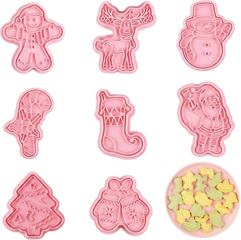 LBQUTN Juego de Cortadores de Galletas de Navidad de 8 Piezas, Moldes para Galletas Navideños 3D con Sellos, Cortapastas de Plástico para Repostería, Fondant, Decoración de Tartas DIY (Set G) — Hogar y cocina