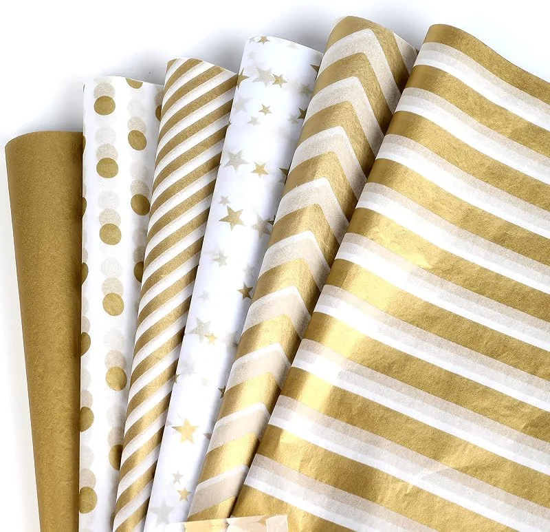 SAVITA 60 Hojas 35x45cm Papel de Seda Metálico Oro Dorado Blanco, Papel de Seda Metálico para Envolver Regalos para Bodas de Navidad, Fiesta de Cumpleaños, Manualidades (6 estilos) — Envoltorio regalo