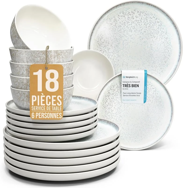 Visita la tienda de PURE LIVING INTERIOR DESIGN Vajilla Ibiza para 6 personas, 18 piezas - Gres premium, resistente a los arañazos, apto para lavavajillas y microondas - Juego de cuencos y platos de Pure Living en Beige claro — Adviento y mesa