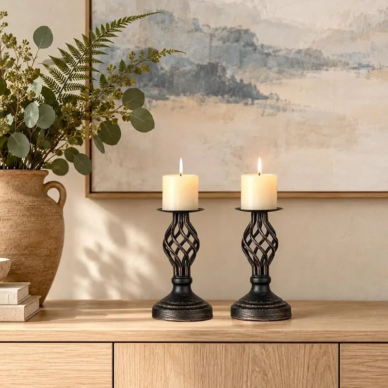 Visita la tienda de Nuptio Nuptio Portavelas Negro: Portavelas Vintage para Velas Pilar, Portavelas de Metal Navidad Pascua Decoración de Hogar Mantel Salón Fiesta Boda Centro de Mesa, 2 Piezas(22cm) — Cena a la luz de velas