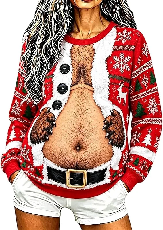 Generic Feo Navidad Sudaderas Mujeres Peludo Pecho Vientre Bikini Impresión Navidad — Ropa Navidad