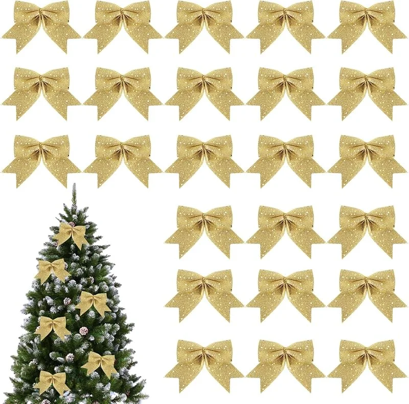 HSHHOOM 24 Piezas Lazos Arbol Navidad, Arcos Navideños, Adornos para Árbol de Navidad, Lazos Navideños Elegantes para Árbol, Puerta, Corona, Decoración de Bodas (Oro) — Envoltorio regalo