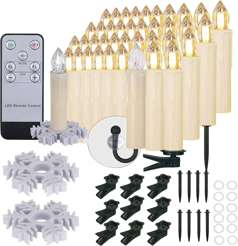 Porashine 10 velas LED de Navidad, impermeables, inalámbricas, mando a distancia, temporizador, regulable, velas decorativas con ganchos de ventosa, pinzas, alfileres, base de copos de nieve — Luces Navidad