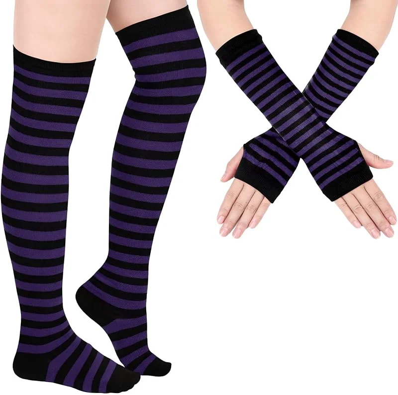 Blulu Calentadores de Brazos y Piernas Calcetines Medias hasta Rodilla a Rayas Guantes sin Dedos para Mujer — Decoracion Navidad