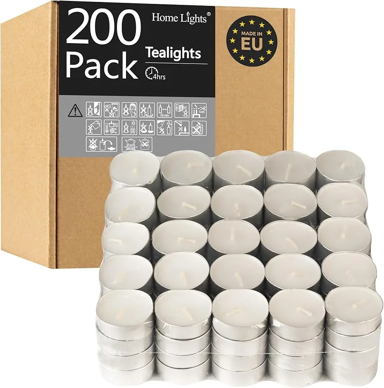 Home Lights HomeLights - Velas de té, 4 horas, gigantes, 100, 200, 300 paquetes a granel, velas de té europeas sin perfume sin humo para Shabat, bodas, Navidad, decoración del hogar, paquete de 200 — Cena a la luz de velas