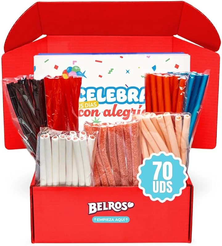 Visita la tienda de BELROS BELROS Pack Surtido Regalices 1, 8kg con 7 Bolsitas Mix Regaliz. Gominolas y Golosinas. Dia del Padre, Dia de la Madre. Caja Regalo Azul. Ideal para Celebraciones, Cumpleaños y Fiestas — Envoltorio regalo