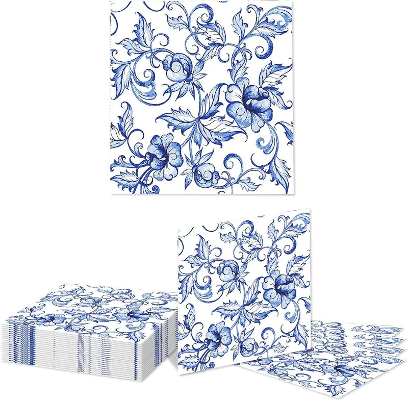 Kotkiddy 20 Piezas de Servilletas de Papel con Diseño Floral Azul Estilo Porcelana Azul y Blanco para Fiesta de Cumpleaños, Boda, Celebración — Adviento y mesa