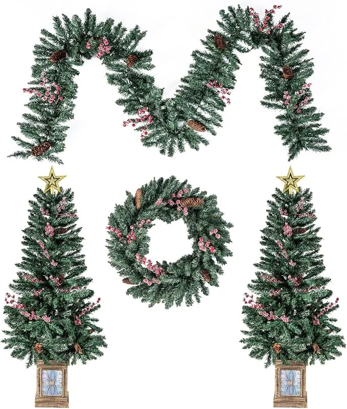Visita la tienda de COSTWAY COSTWAY 2 Árboles de Navidad 120 cm on Guirnalda y Corona, arbol de Navidad en Maceta con Piñas, Bayas Rojas Nevadas y Estrella en la Cima, Decoración Estacional para Chimenea, Porche o Fiesta — Decoracion Navidad