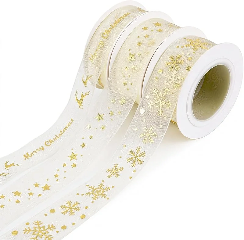 Leikedun Cinta de organza dorada para regalo de Navidad, diseño de estrellas, 3 rollos — Envoltorio regalo