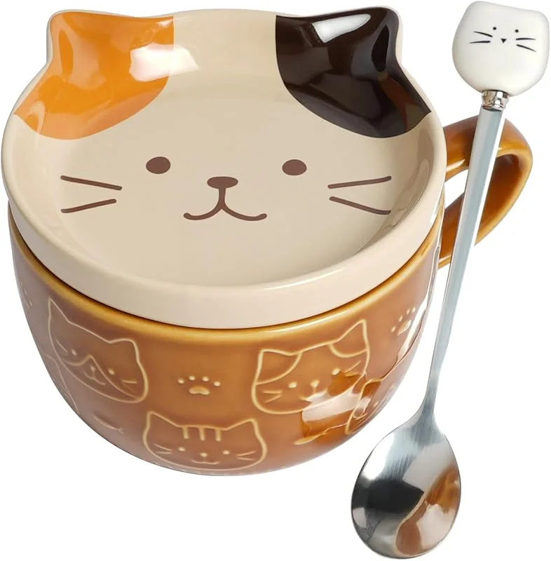 HOTUT Taza Gato Café Set Cerámica Kawaii, Juego de Tazas de Café con Tapas con Tapas y Cuchara para Mujeres, Amigos, Niños, Cumpleaños — Adviento y mesa