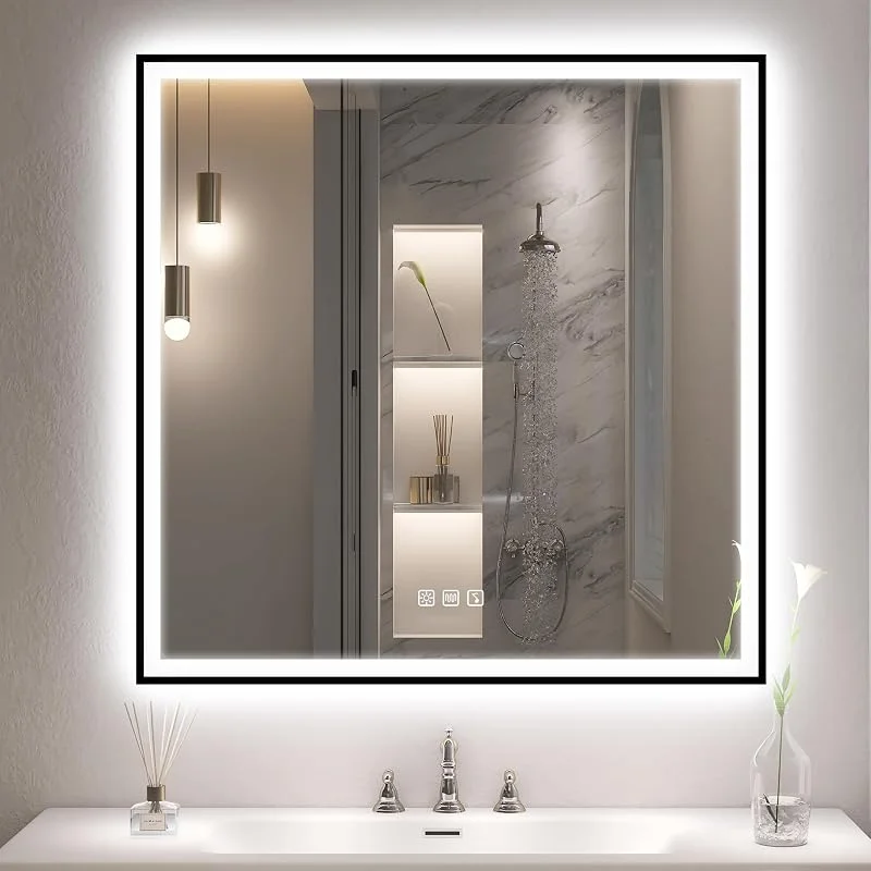 Visita la tienda de S'bagno S'bagno - Espejo de baño Iluminado con retroiluminación LED, Altavoz Bluetooth Integrado, deshumidificador e Interruptor (M88 (Marco Negro + Bluetooth), 80l x 80an cm) — Decoracion Navidad