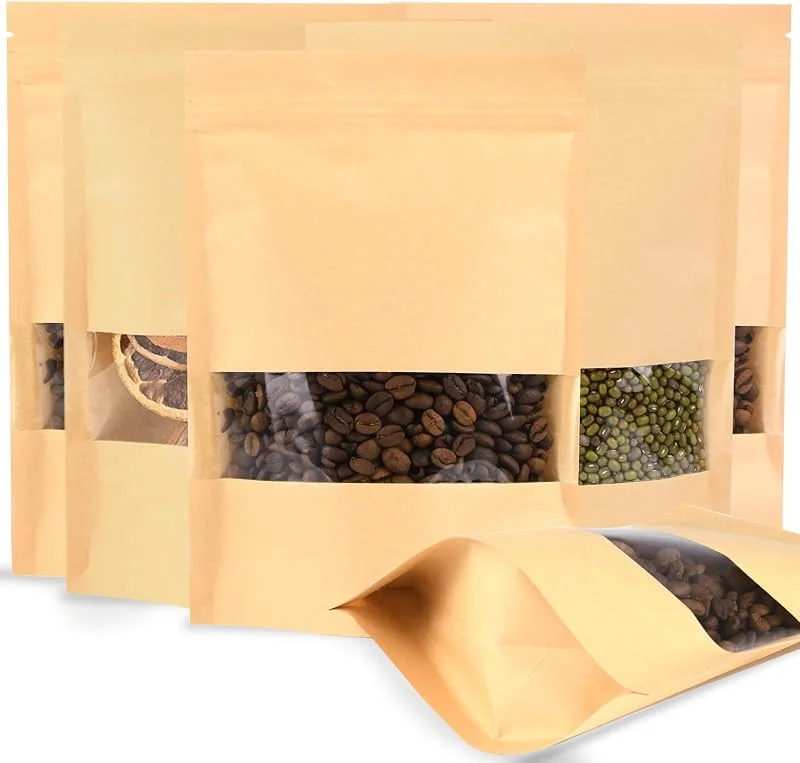 SWIHELP Bolsas de Papel Kraft Con Ventana 100 Unidades, Bolsas de Embalaje 26x35 cm, Bolsas de Papel Para Frutos Secos, Dulces, Granos de Café, Hojas de Té — Envoltorio regalo