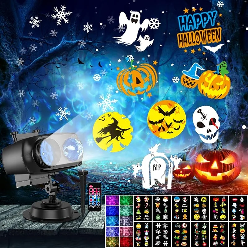 Qxmcov Proyector Navidad Exterior, Luces Proyector Halloween Navidad Decoración de 12 Diapositivas, con Control Remoto, para Halloween, Regalos, Fiestas, Boda — Luces Navidad