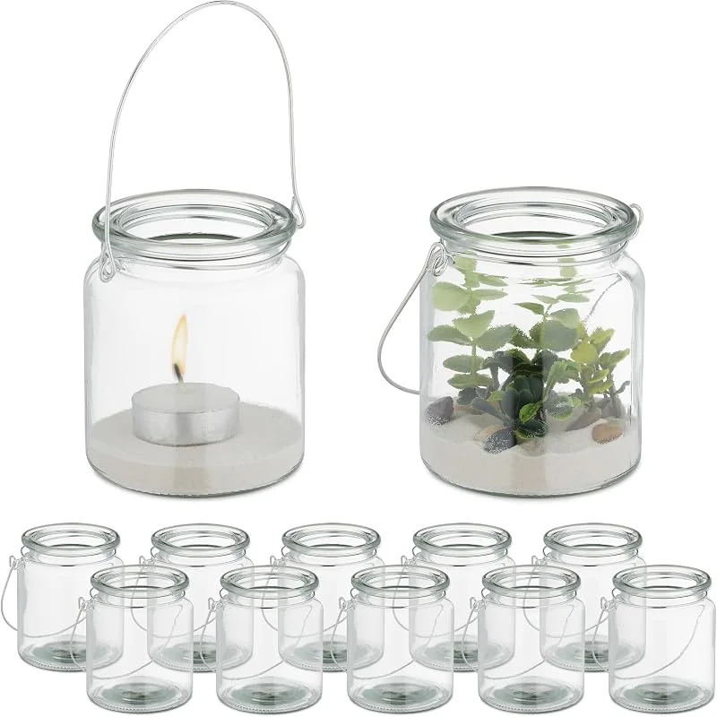 Visita la tienda de Relaxdays Relaxdays Portavelas Cristal, Set de 12, Porta Velas con Asa, 9, 5 x 8 cm, Tarros Vidrio Redondos, Transparente, Plateado — Cena a la luz de velas