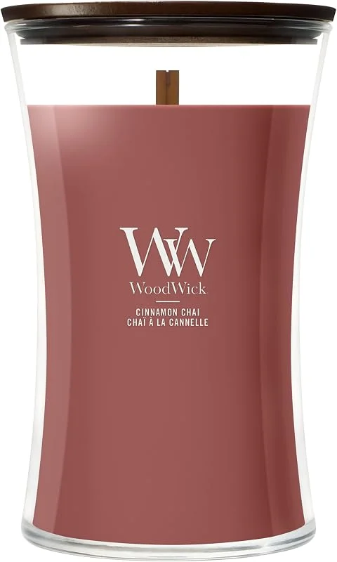 Visita la tienda de Woodwick WoodWick Vela Perfumada con Mecha Crepitante, Vela Grande en Forma de Reloj de Arena, Chai con canela, Velas de Larga Duración: Hasta 130 Horas, Regalos Perfectos para Mujeres — Cena a la luz de velas