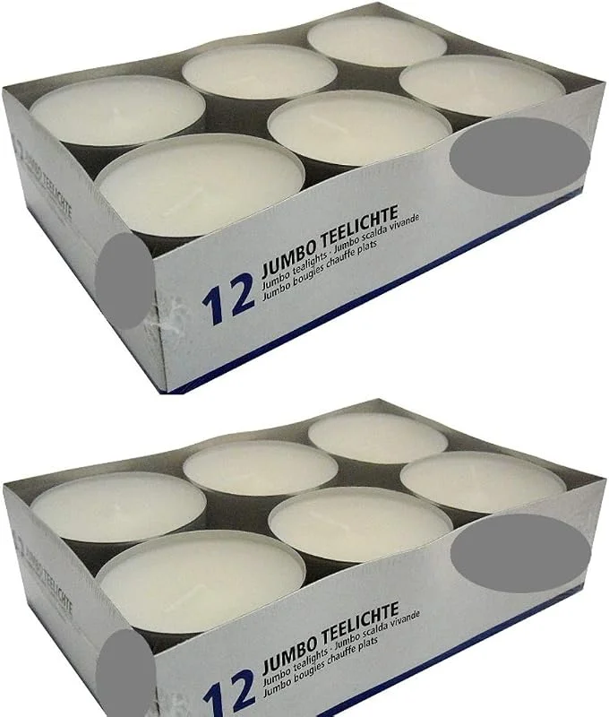 Hillfield 24 Maxi Tea Lights in Aluminium Container White, Jumbo Tea Lights, Candles, Scent Free, Catering Quality, (2 x Packs of 12 Maxi Tea Lights) by Kerzenparadies Jess — Cena a la luz de velas