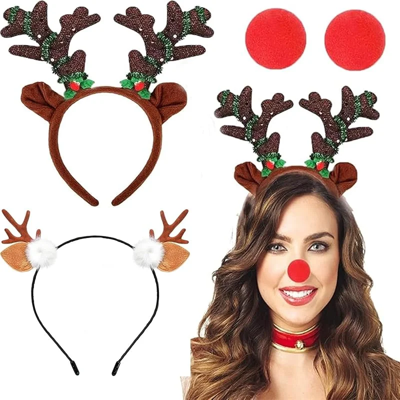 Jiahuade 2 Diademas de Navidad, 2 Nariz de Payaso, Diademas de Cuernos de Navidad, Diadema Navideña de Reno para Niños y Adultos, Accesorio para el Cabello para Fiestas Navideñas, Juegos de Rol — Ropa Navidad