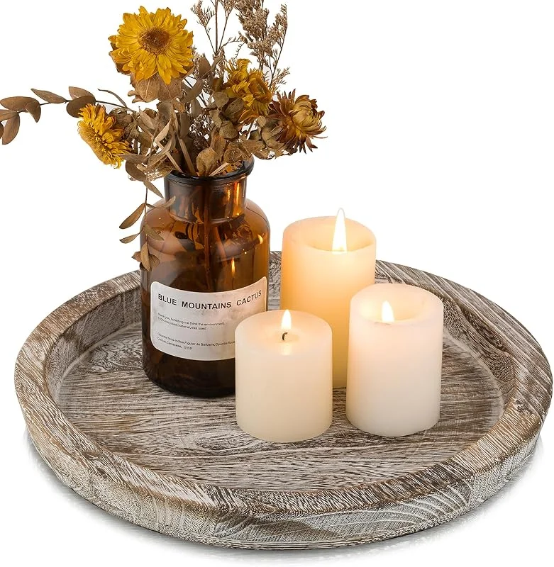Hanobe Bandeja de Madera para portavelas: Placa Redonda Decorativa para Velas, Centro de Mesa de Granja, bandejas de Madera rústica, para Navidad, Boda, Halloween, decoración del hogar — Cena a la luz de velas