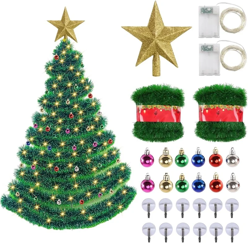 Joycabin Guirnalda de Navidad de 15 m, guirnalda de abeto artificial con luces LED, ganchos, bolas decorativas y estrella para árbol de Navidad, decoración para árbol de Navidad, escalera, chimenea — Decoracion Navidad
