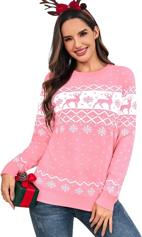 Visita la tienda de Aottori Aottori Jersey Navidad Mujer Manga Larga Cuello Redondo Reno y Nieve Cálido — Ropa Navidad