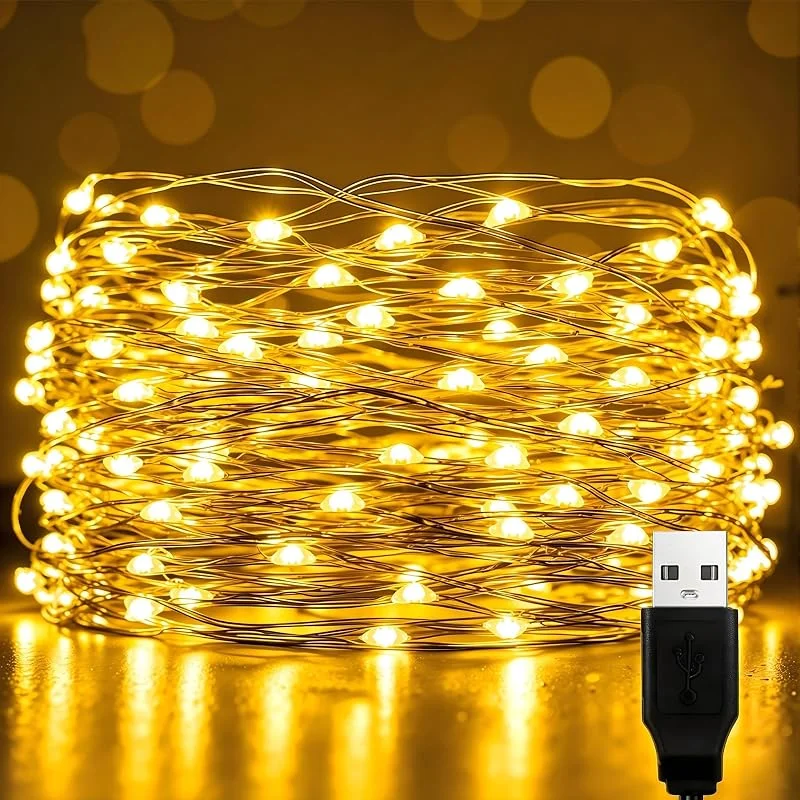 EvaStary Luz de cuerda LED USB, linterna de alambre de cobre 10M 100LED, luz de cuerda decorativa impermeable del dormitorio para la Navidad de bricolaje, jardín, fiesta, decoración de boda, blanco cálido — Luces Navidad