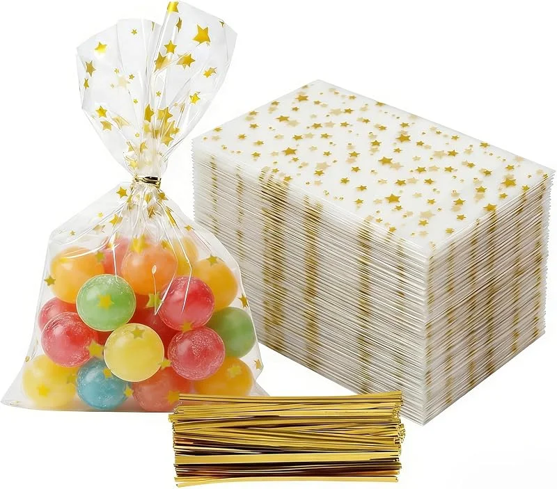 Zlokdraxy 100 Piezas Bolsas Navidad para Chuches, 13cm x 21cm Transparentes Celofán con Cierres de Retorcido, Ideal para Envasar Bombones y Regalos Navideños (Estrellas Doradas) — Envoltorio regalo