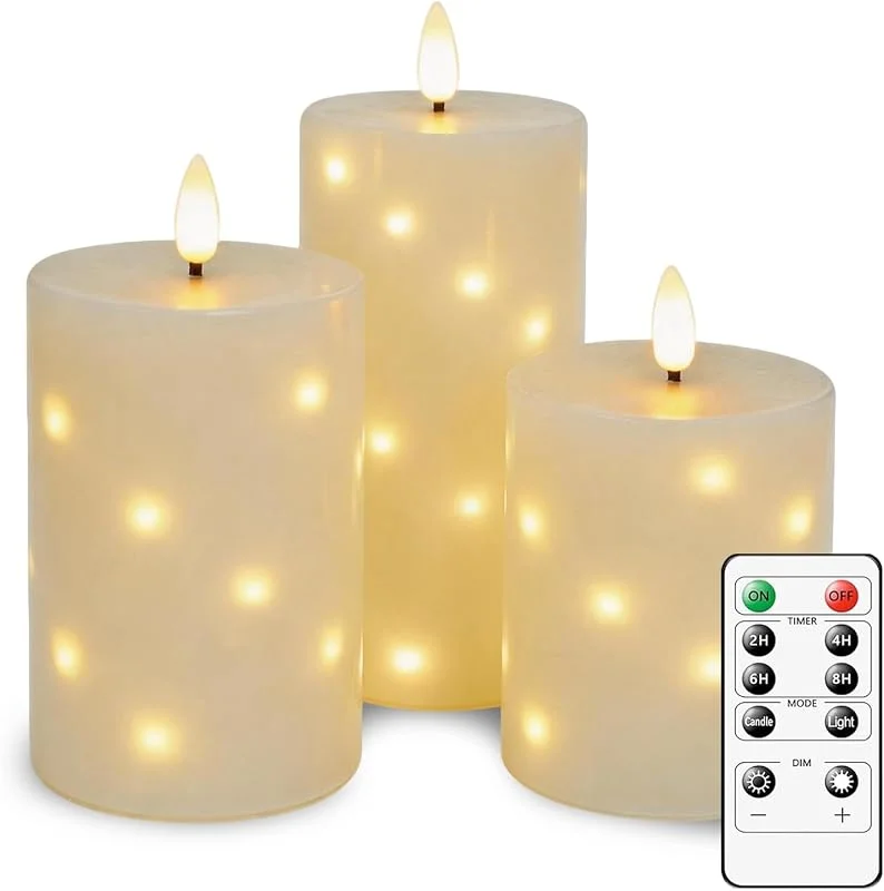 Visita la tienda de AnnSpa 3 Set Velas LED de Pilas con Control Remoto con Temporizador con Cadena de Luces de Estrella Integrada, de Cera Real Parpadeo Mecha para Navidad, bodas, cenas a la luz de las velas - Blanco — Luces Navidad