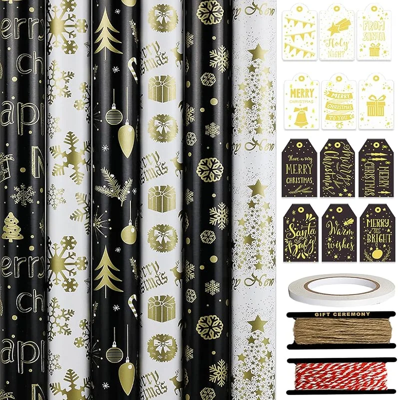 FullJoyHut 6 Rollos Papel Regalo Navideño Negro y Dorado, 43CM x 3M Rollos Papel Envolver Navideño Reciclables, Papel de Embalaje Navideño de Lujo con Etiquetas y Cinta para Decoración de Fiesta(Oro) — Envoltorio regalo