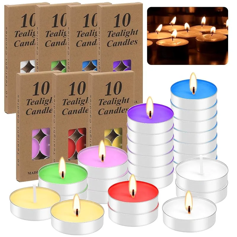Tanstic 70 velas de té, 7 colores, velas de aluminio, sin humo, sin goteo, sin perfume, decoración del hogar — Cena a la luz de velas
