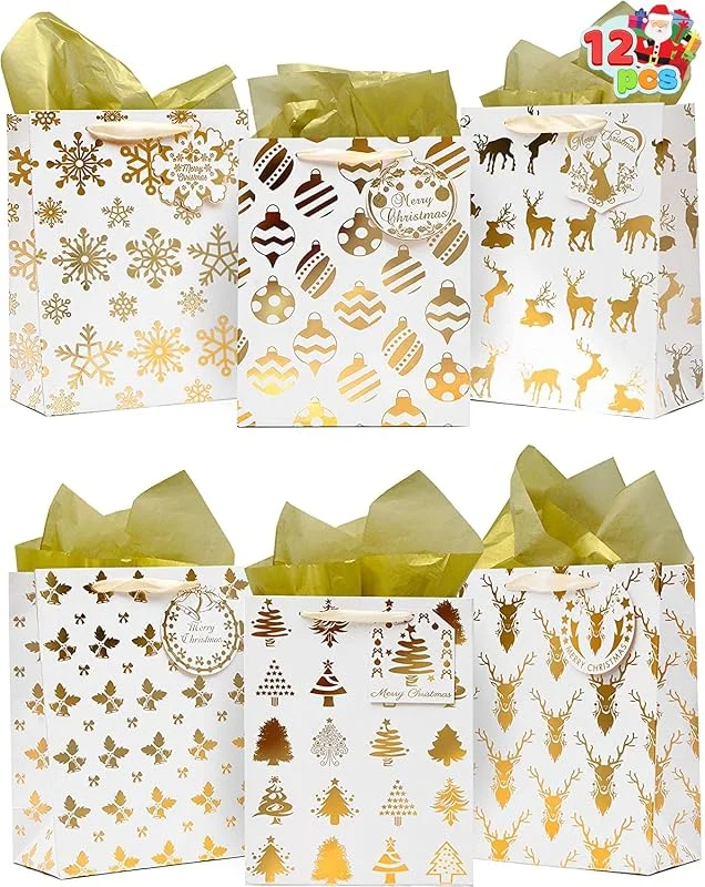 Visita la tienda de JOYIN JOYIN 2 bolsas de regalo doradas navideñas con papel de seda y etiquetas para tarjetas de identificación para regalos Navidad — Envoltorio regalo