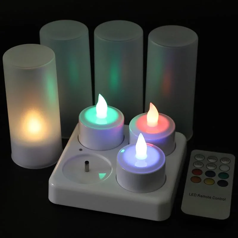 EuroFone Rechargable LED Velas Tealight Vela parpadeante sin llama con el titular de la estación de carga (4pcs) (Multicolor with remote) — Cena a la luz de velas