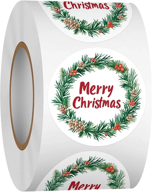 LXONTSG Feliz Navidad Sticker, 500 Piezas Etiquetas Adhesivas Feliz Navidad, Rollo de Pegatinas de Feliz Navideño, Pegatinas Navideñas Regalos, Sticker Navideño Redondo, para Scrapbooking(D) — Envoltorio regalo