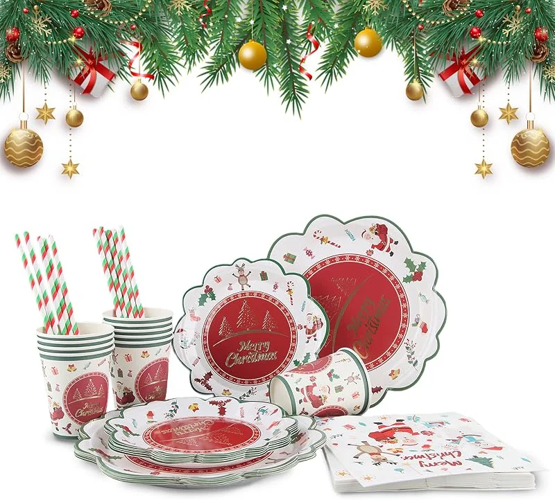 Fancysky 60 Pcs Vajilla de Papel de Navidad, Juego de Plato y Vaso de Papel Navideño, Servilletas Navideñas, Set de Vajilla para Fiesta de Navidad — Adviento y mesa