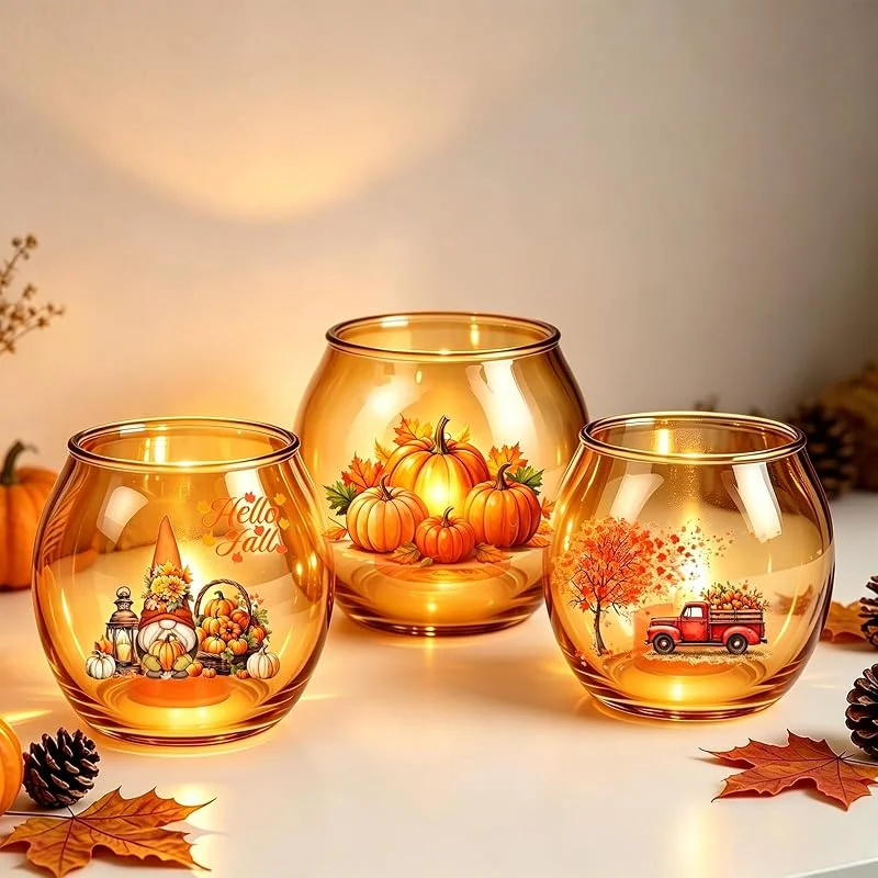 YYSWSAKY Portavelas de farol decorativo de otoño, portavelas de cristal decorativo de calabaza, juego de 3, motivo de gnomo de linterna, decoración de otoño, decoración de mesa de otoño — Cena a la luz de velas