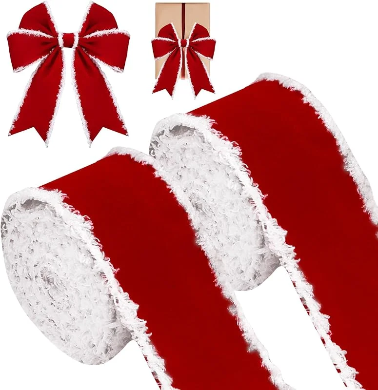 Seasboes 2 rollos de cinta de Navidad con alambre, 6, 3 cm x 5 m, cinta de regalo de Navidad ancha, cinta de terciopelo rojo con borde, cinta decorativa para árbol de Navidad, cinta de Navidad para manualidades — Envoltorio regalo