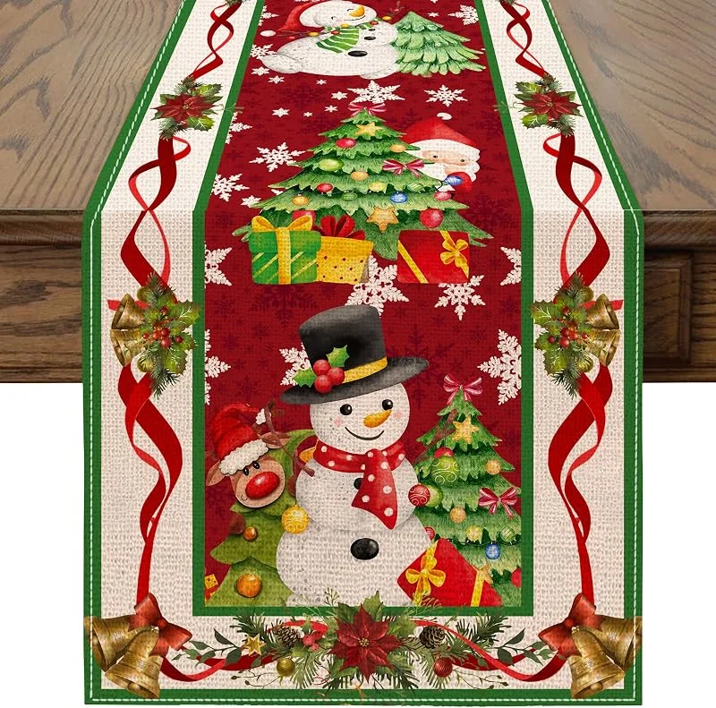 SHOFUL Camino de mesa navideño, 33 x 183 cm, diseño de copos de nieve, diseño de reno y enano, color rojo y blanco, decoración de mesa de lino para cocina, comedor, fiesta de Navidad, de 6 a 8 — Hogar y cocina
