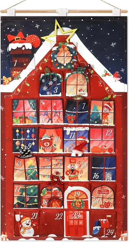 DPKOW Original Casa Calendario Adviento para Rellenar, Vacio Calendario de Adviento Tela Calendarios Navidad DIY, Divertido Casa Patrón, Rellenable, Colgante para Puertas Pared — Adviento y mesa