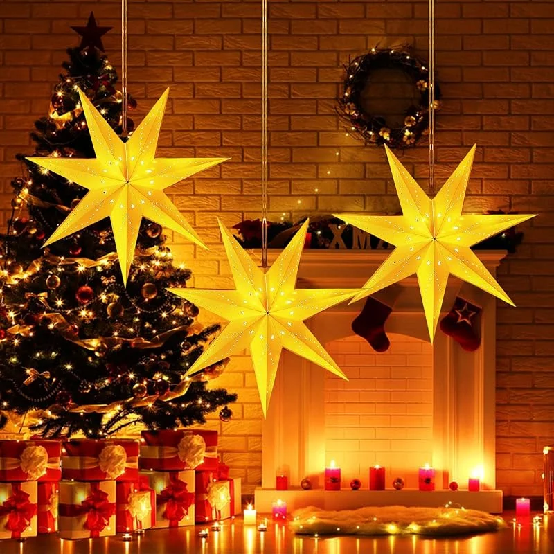 Mstnoixgc 3 estrellas de Navidad iluminadas, 35 cm y 45 cm, estrellas de papel para colgar, estrella plegable, pantalla para decoración de ventanas, Navidad — Decoracion Navidad