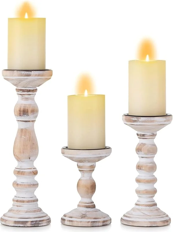 Romadedi - Juego de 3 portavelas de madera decorativa, soporte de vela de madera rústico para chimenea, estante de mesa en estilo granja, color blanco 6 pulgadas, 8.3 pulgadas, 12 pulgadas — Cena a la luz de velas