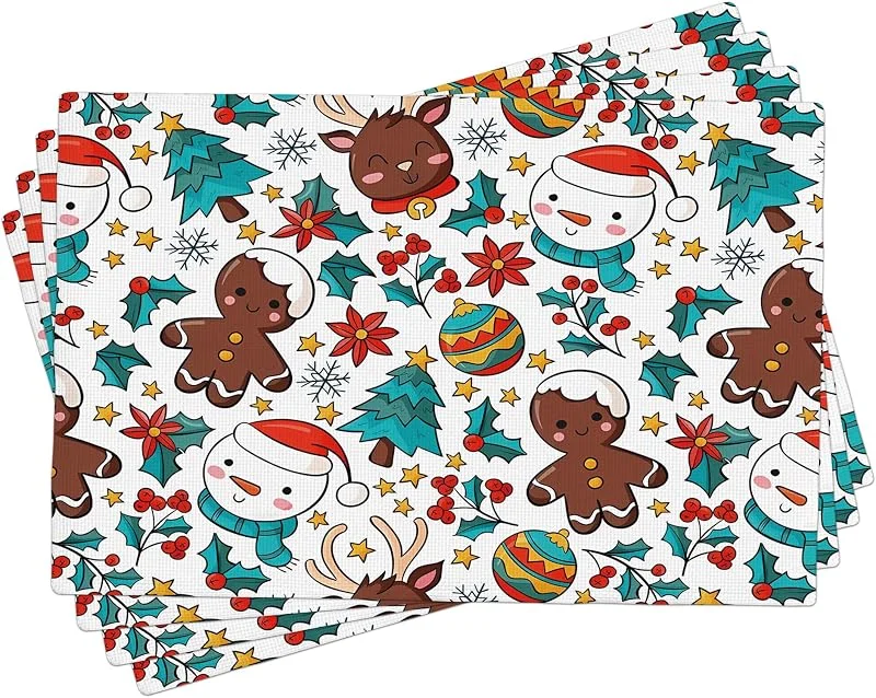 Generic Juego de 4 manteles individuales de personajes lindos para vacaciones de invierno, coloridos manteles individuales de Navidad para cena de Navidad, antideslizantes, lavables, para interiores y — Hogar y cocina