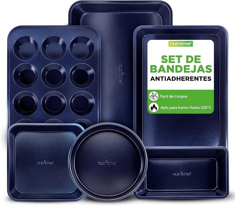 Visita la tienda de NutriChef Nutrichef bandejas horno, Set de 6, Incluye: bandejas para galletas, Para asar, Molde para magdalenas, Pan y pasteles, Mangos de silicona, Apilables, Acero al carbono resistente, Antiadherente — Hogar y cocina