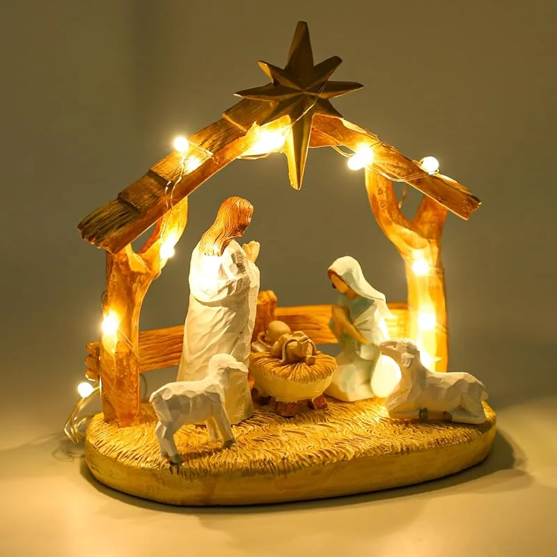 CHUANGLI Juego de belén con luces LED, belén interior con pesebre, figuras e historia, decoraciones festivas de Navidad — Decoracion Navidad