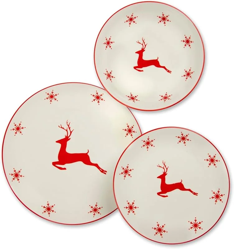 Visita la tienda de Excelsa Excelsa Nordic Christmas - Juego de platos de porcelana con motivos navideños, 18 piezas, renos y copos de nieve rojos, apto para lavavajillas — Adviento y mesa