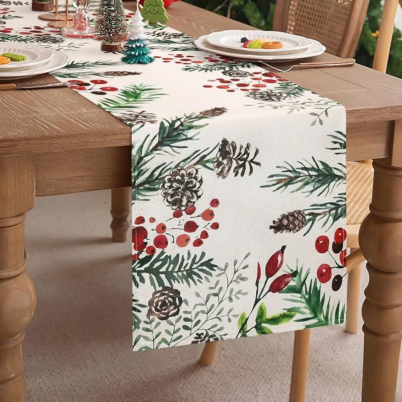 Aisybaklyn Piña de Acebo Camino de Mesa Navidad para Temporada de Invierno con Flores Mantel 33X183cm Eucaliptos Camino de Mesa Cocina para Decoración de Mesa, Cocina, Interiores, Vacaciones, Fiestas — Hogar y cocina