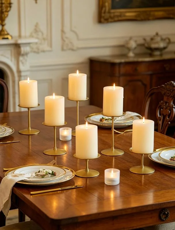Romadedi Portavelas de Metal Dorado - para Velas de Pilar, Juego de 6 candeleros, Placa de Hierro Moderna para el hogar, Mesa de Comedor, decoración de Mesa de Centro para Bodas — Cena a la luz de velas