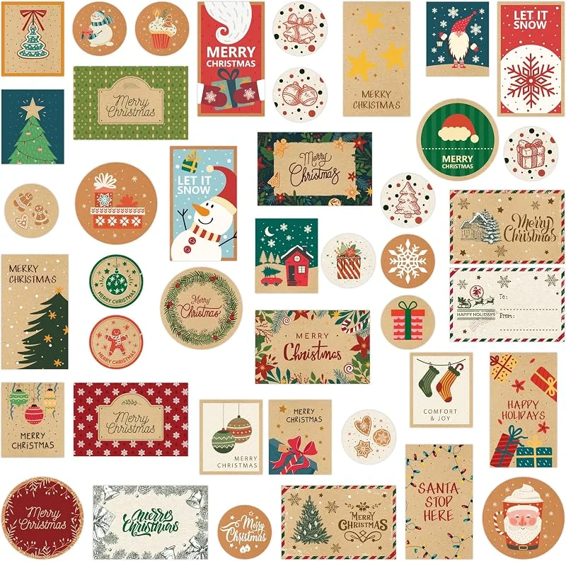 Hebayy 444 unidades de pegatinas de Navidad Kraft, 148 diseños únicos de etiquetas navideñas, vibrantes pegatinas de Navidad con autoadhesivo para etiquetas de nombres, decoración de Navidad alegre(15 hojas) — Envoltorio regalo