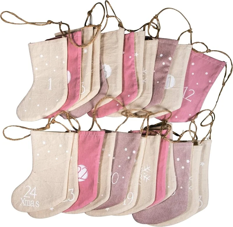 Rayher Calendario de Adviento 46557000, medias navideñas para rellenar, tela, 24 medias sobre hilo de yute de 220 cm, rosado, tonos mixtos, normales — Adviento y mesa